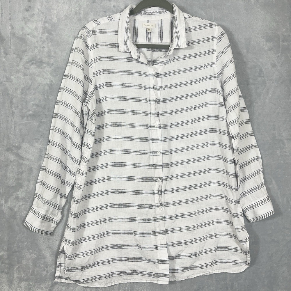Garnet Hill Linen Tunic Women M White/Blue Stripe Long Sleeve Lagenlook‎ Coastal